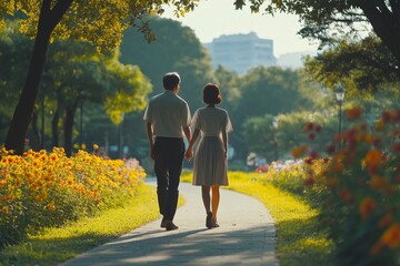 Obraz premium Elderly couple lifestyle concept: Husband wife and sitting together in the park, relaxing in their retirement, Generative AI