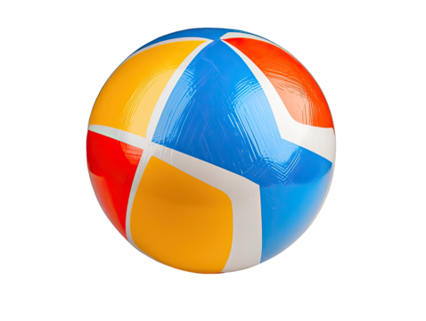 Colorful, glossy sphere with intersecting, geometric patterns in red, yellow, and blue