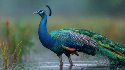 Fototapeta premium A vibrant peacock displays its stunning plumage while walking through a lush, rain-soaked landscape in the early morning, showcasing nature's beauty amidst a gentle shower.