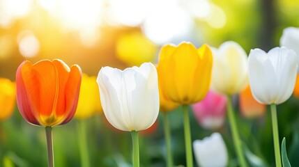 Vibrant tulips in a spring garden bathed in sunlight.