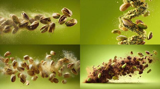 Pistachio nut collage flying, bursting, powder, food against a green background