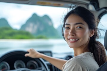 Happy Asian woman driving her car to a vacation destination, enjoying the trip, Generative AI