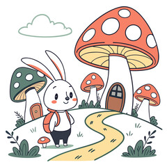 Cute bunny in a whimsical mushroom village with a winding path rabbit