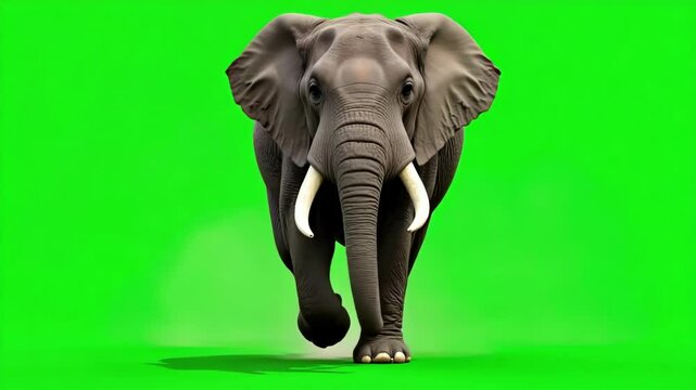 A majestic elephant sprints powerfully forward against a vibrant green screen backdrop, captured in stunning 4k, showcasing its raw energy and natural movement.
