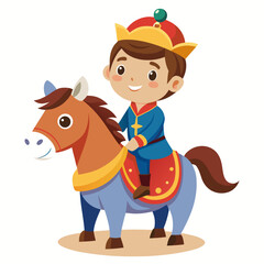 Young prince in blue outfit riding a brown horse vector