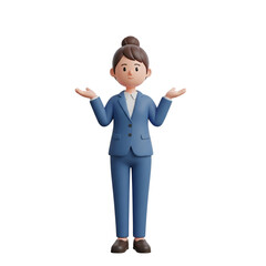 3d cartoon business woman with open hands gesture isolated on transparent background