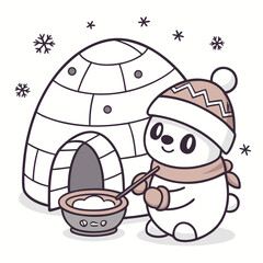 Cute polar bear making snow soup near igloo cooking