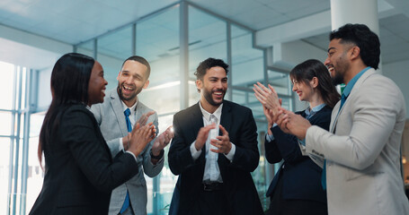 Business, people or excited with clapping in office for team achievement, celebration and success....