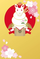 Naklejka premium 年賀2026 年賀状素材 フレーム 午年 馬 午 鏡餅 正月 干支 はがきテンプレート イラスト素材