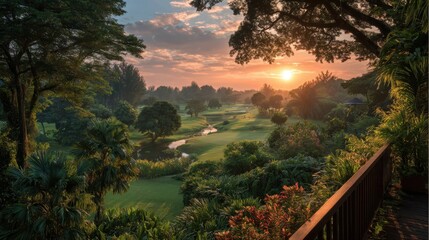 Fototapeta premium Sunset casts a warm glow over a pristine golf course dotted with palm trees. The tranquil scene showcases winding water features and vivid tropical flora under a colorful sky.