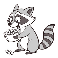 Gray raccoon holding bowl of marshmallows animal cartoon