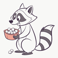 Cute raccoon holding bowl of marshmallows animal cartoon