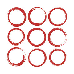 Nine Red Brush Stroke Circles Arranged in Grid on Transparent Background