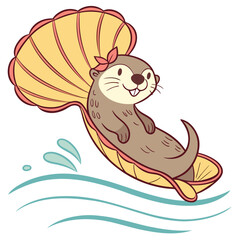 Adorable otter relaxing in a giant seashell floating on water waves