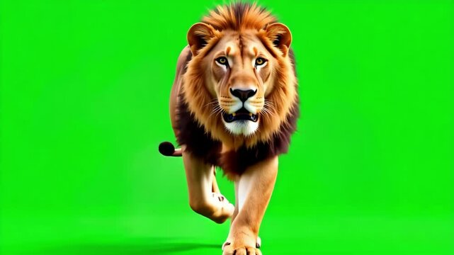 A powerful lion sprints forward with magnificent energy against a vibrant green screen backdrop in this high-resolution 4k footage, revealing raw strength.