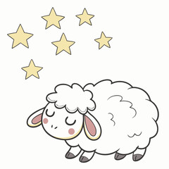 Sleeping fluffy sheep under yellow stars night cute