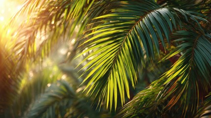 Fototapeta premium Bright sunlight streams through lush green palm fronds, creating a warm and inviting atmosphere in a tropical environment during the late afternoon.