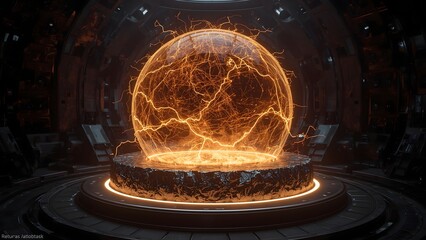 Futuristic energy sphere crackling with orange lightning in a dark sci fi chamber