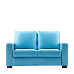 Naklejka premium Blue two-seat sofa with square arms. Centered front view on white background. Clean comfort and modern living mood. Ideal for furniture ads, interior mockups, and real estate staging.