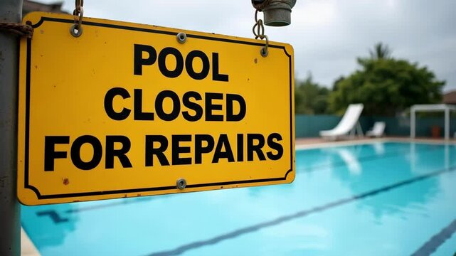 Still water reflects a closed public swimming pool with a large sign indicating it is currently unavailable for repairs in a calm setting.
