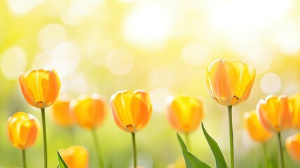 Vibrant orange-yellow tulips in a garden setting.