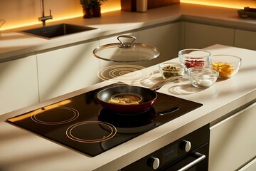 Modern kitchen cooking with induction hob frying pan and ingredients glass lid