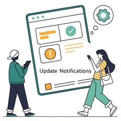 People with phones looking at update notifications on a screen technology updates