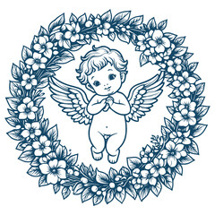 Adorable Baby Cupid in Floral Wreath