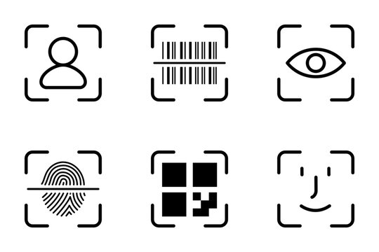 icon scan recognition eye profile barcode fingerprint face id icon set vector