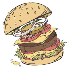 Delicious burger with lettuce tomato cheese onion and pickles hamburger cheeseburger