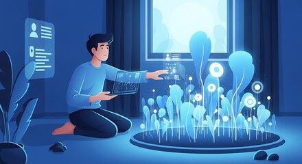 Man Interacting with Holographic Plants Exploring Future of Technology and Nature