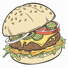 Delicious burger with lettuce tomato cheese and pickles hamburger fast food