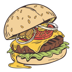 Juicy burger with melted cheese and fresh toppings hamburger cheeseburger