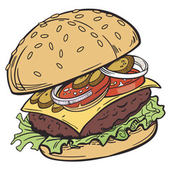 Juicy burger with cheese lettuce tomato onion pickles hamburger cheeseburger