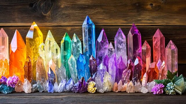 Colorful crystals arranged on a dark wooden surface