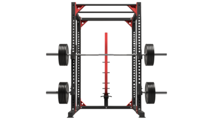 Red and black power rack holds barbell weights for fitness strength training. isolated on transparent background