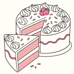 Pink layered cake with white frosting and strawberries slice