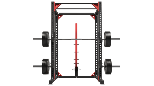 Red and black power rack holds barbell weights for fitness strength training. isolated on transparent background - Powered by Adobe