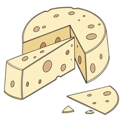 Yellow cheese wheel with slices and holes food dairy