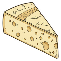 Yellow cheese wedge with holes and brown rind food dairy