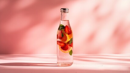 Healthy pink fruit drink with mint sprigs in a stylish water bottle.

