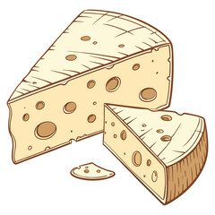 Light yellow cheese wedge with brown holes and lines dairy food