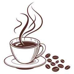 Steaming coffee cup with scattered beans saucer
