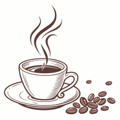 Steaming coffee cup with scattered beans hot beverage coffee beans