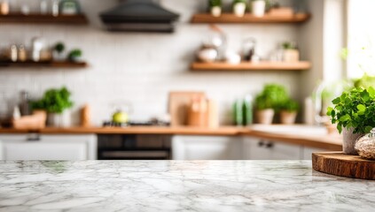 Blurred kitchen, marble countertop, plants
