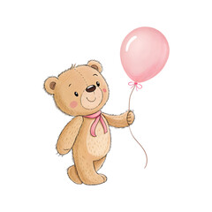 Soft Brown Teddy Bear Wearing Pink Ribbon Holding Glossy Pink Balloon for Breast Cancer Awareness