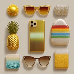 Colorful playful summer icons collection 3d elements
