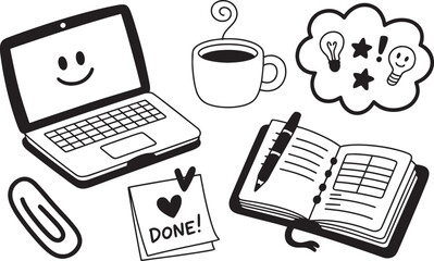 Hand drawn productivity illustration with smiling laptop coffee and organized notebook
