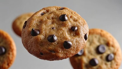 Close-up of chocolate chip cookies in mid-air