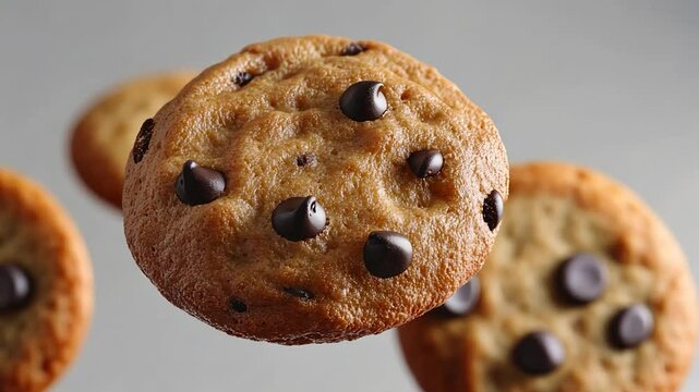 Close-up of chocolate chip cookies in mid-air